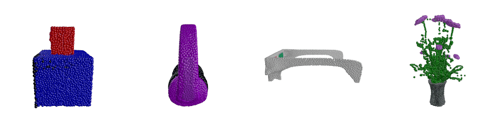 Official Point-E paper banner: four rotating RGB point clouds